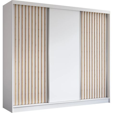 AX LIVING Cabinio Schwebetürenschrank Weiß – 240cm Artisan Lamellen