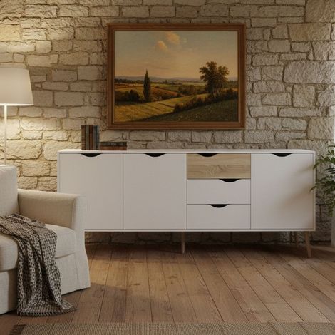 Dmora Aparador con tres puertas y tres cajones, blanco y roble, Medidas 195 x 81 x 39 cm, con embalaje reforzado (1/5)