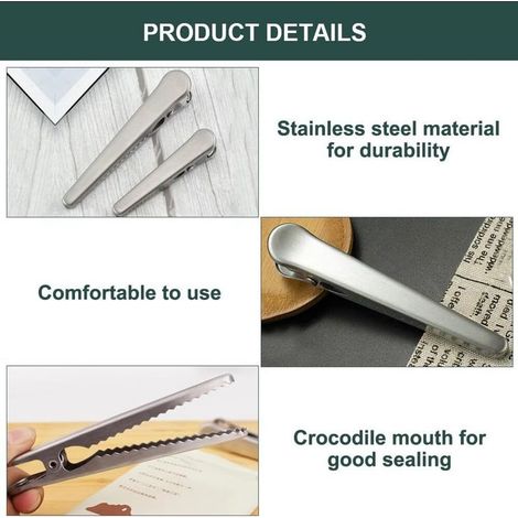 10 Edelstahl-Verschlussclips, 8 cm und 11,5 cm lange silberfarbene Metallhaken, Beutelhaken für Lebensmittelclips, multifunktionale Krokodilklemmen für Kaffee-, Brot- und Lebensmittelbeutel (1/5)