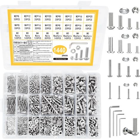 1440 pièces M2 M3 M4 M5 Ensemble de vis, vis à tête ronde à six pans intérieurs, ensemble d'écrous, vis à six pans intérieur en acier inoxydable avec écrous, ensembles de vis à tête fraisée filetées (1/5)