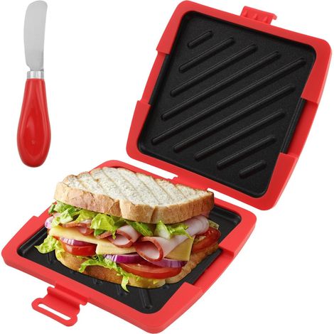 1 Appareil à croque-monsieur micro-ondes, silicone anti-brûlure, revêtement antiadhésif PTFE, couteau inclus, pour bureau camping