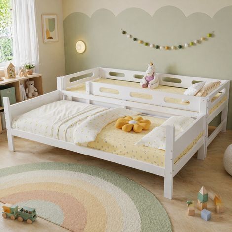 Lit superposé enfant 90 x 200 cm en bois blanc avec échelle fixe et barrière de sécurité (1/5)