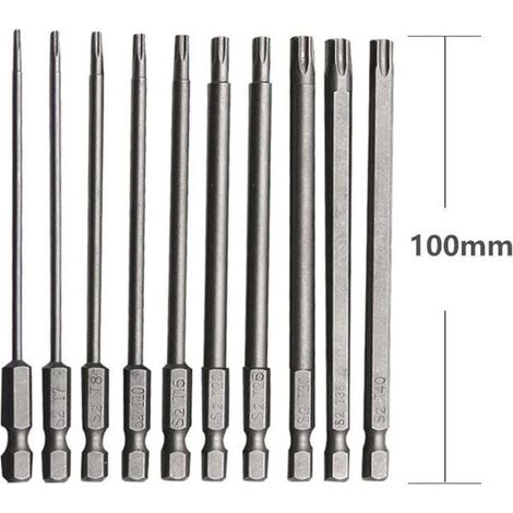 Jeu de 10 embouts longs pour tournevis et visseuse électrique Embout Torx Long en Acier Allié au Chrome Vanadium 75mm Embout Visseuse Long Antirouille Jeu (1/4)