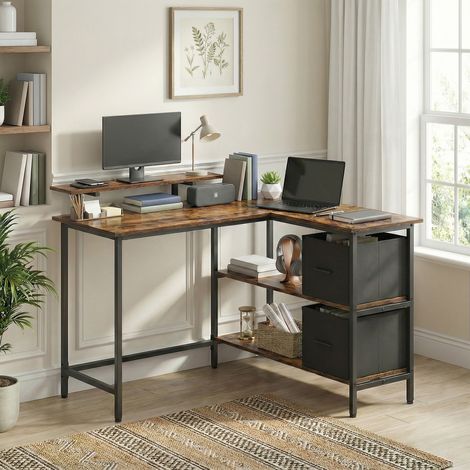 Bureau d’Angle avec Support d’Écran, Bureau de Travail en L, 2 Tiroirs, Hauteur Réglable, 115 x 105 cm, Marron (1/5)