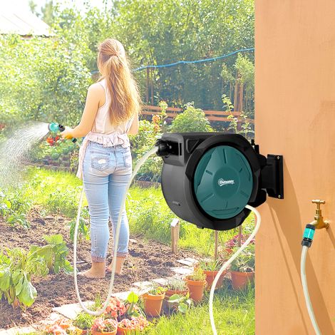 Enrouleur Tuyau Arrosage Mural 25 m x Ø 15 mm Dévidoir Automatique de Tuyaux d'Eau Rétractable Automatique vert