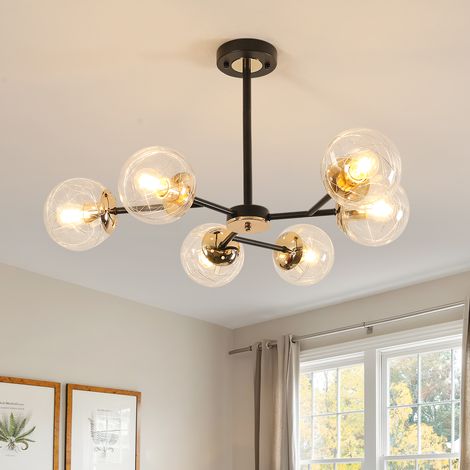 GOECO Lampada a sospensione a 6 bracci Molecular Design, nero sabbiato e oro, paralume in vetro da 13 cm, attacchi E27 (lampadine non incluse), stile scandinavo moderno, per sala da pranzo (1/5)