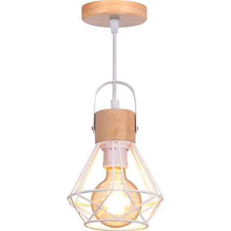 Lampe Suspension E27 Vintage en Métal Cage et Bois Lustre Suspension Uisine Chambre Salon Luminaire Blanc - 1Pcs