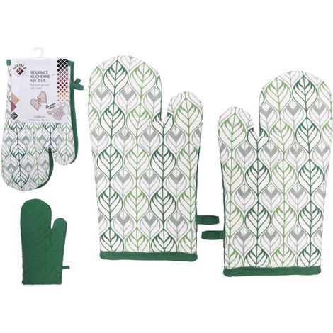 Guanti da cucina spessi in tessuto, modello Nicole, 100% cotone, fantasia 4, bianchi con foglie verdi.