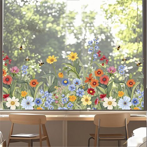 LOLLANDA Autocollants électrostatiques pour fenêtres à motifs de fleurs d'automne colorées et d'abeilles, adaptés aux vitres.60x30CM