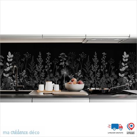 Crédence : Dessin et fleurs sauvages noires 2 - Couleur gris - Alu composite - 60 - 120 (1/3)