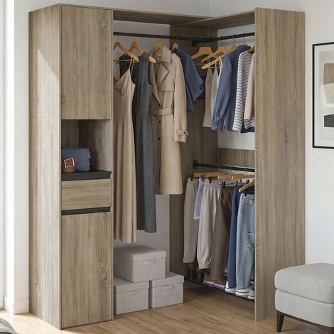 Armario esquinero modular, 145 / 203 cm de largo, modelo MELMAN: tres compartimentos para colgar + puertas + cajón + estantes en (1/5)