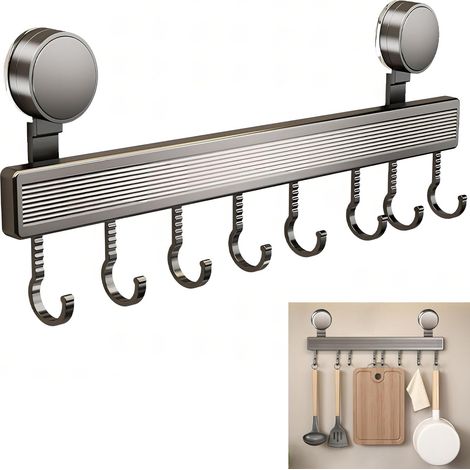 Barre Ustensiles Sans Perçage 8 Crochets Porte ustensiles mural 40cm Ventouse Amovible pour Cuisine Salle de Bain Aluminium Spatial ABS Inrayable Multi-Surfaces Carrelage Verre Métal (1/5)