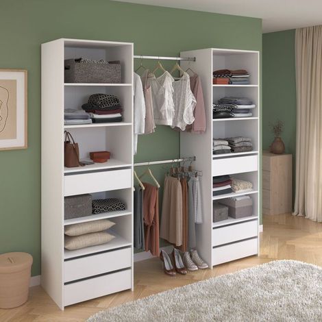 Dressing double colonne blanc 6 tiroirs – 2 barres de penderie – Panneaux de particules – L199,9 x H200 x P49,7 cm – Parisot