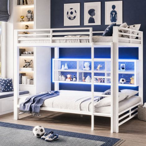 Letto a castello 140x200 in metallo con ripiani e LED, bianco OKMYHOME (1/5)