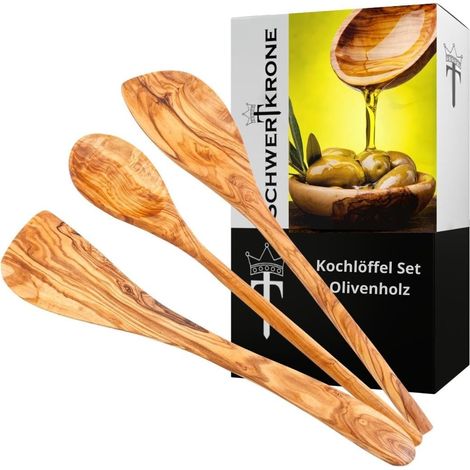 Ensemble Ustensiles Cuisine Bois Olivier - 3 Pièces - Spatule Et Cuillères - Anti-Rayures - Pour Poêles Délicates (1/5)