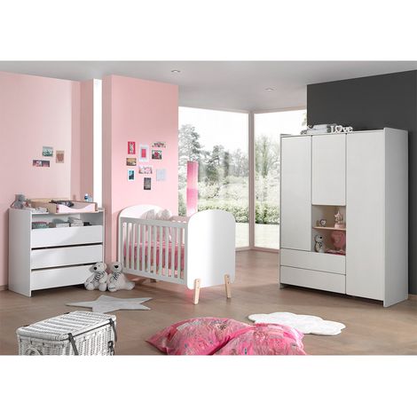 Lit bébé 60x120 Sommier Inclus, Commode 3 tiroirs, Plan à langer et Armoire 3 portes Vipack Kiddy - Blanc (1/5)