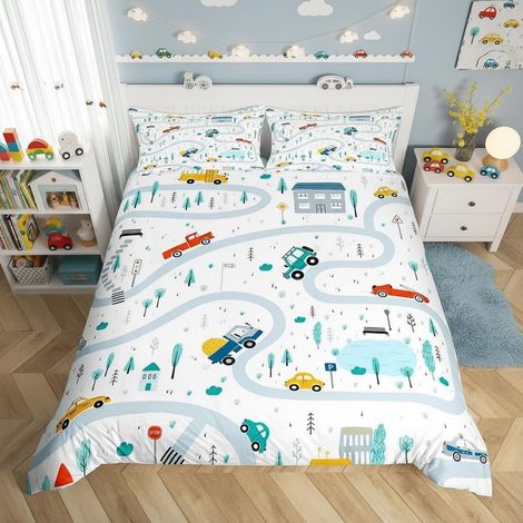 Parure de lit avec housse de couette et 1 taie d'oreiller, motif camion, taille S, pour garçons, transport routier, décoration de chambre d'adolescent, motif aquarelle et arbre (1/5)