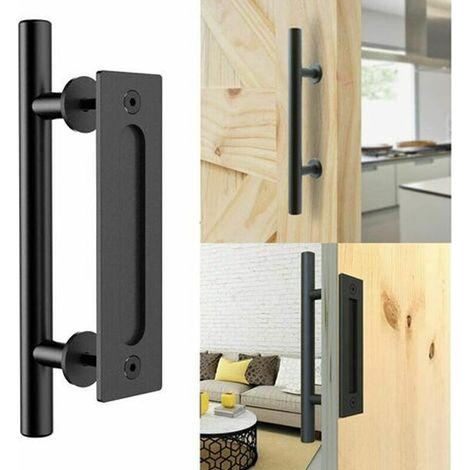 1 Poignée de porte coulissante, aluminium noir, style rétro, 30 cm, pour porte en bois 35-45 mm, intérieur et extérieur (1/5)