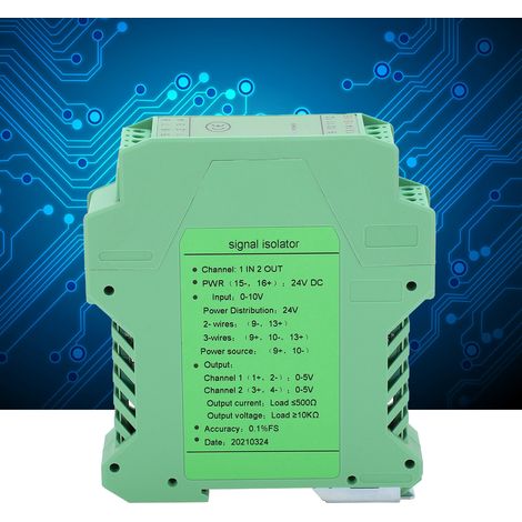 Isolateur de signal CC GLG avec transmetteur de courant et de tension, une entrée et deux sorties, 0-10V à 0-5V. (1/5)