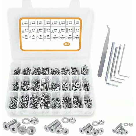 920PCS M3 M4 M5 M6 en Acier inoxydable Bouton à tête hexagonale Socket Tête Câble Boulons Vis avec écrous Assortiment (1/4)