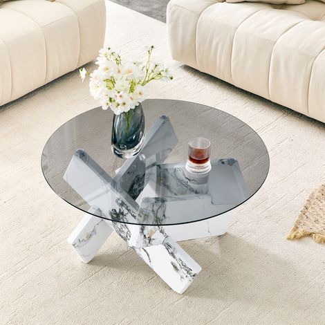 Table basse ronde moderne en verre avec un piètement design stable en aspect bois ou marbre, Ø env. 79 cm, hauteur env. 45 cm, table de salon pour un aménagement élégant (1/5)