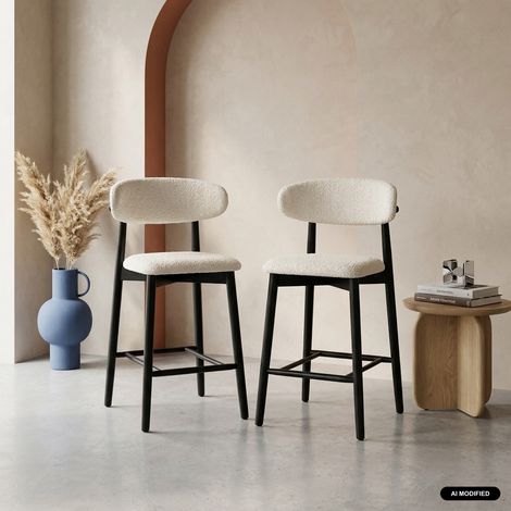Lot de 2 tabourets de bar en bois d'hévéa et tissu bouclette - Paola Noir / Crème (1/5)