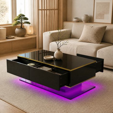 Tavolino LED 100 x 50 x 40 cm, 3 cassetti, vano aperto, nero lucido e oro DESVIAE (1/5)