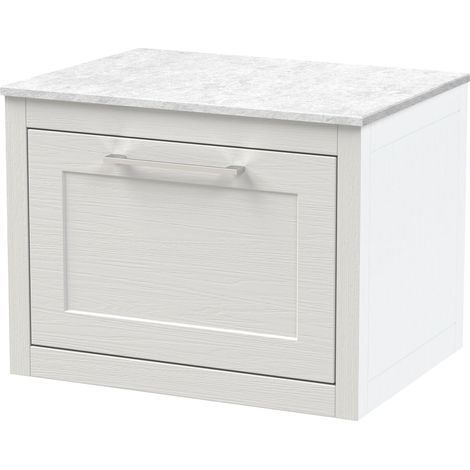 Blithbury Traditional Bathroom Wall Hung 1 Drawer Vanity Unit and White Marble Worktop, 600mm, Woodgrain White
