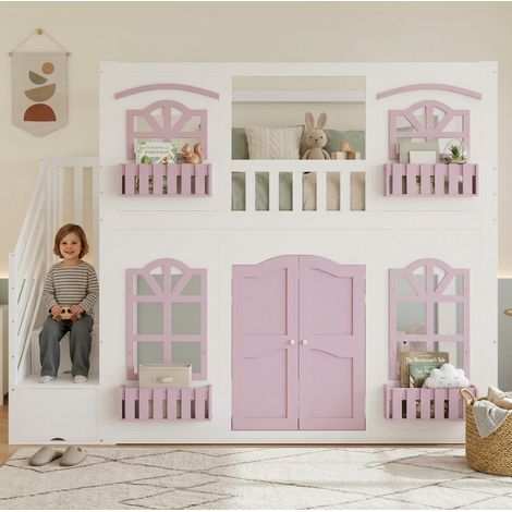 Lit haut enfant 90x200 cm en bois blanc rose, escalier, gain de place, sans matelas – MEUBLIV (1/5)