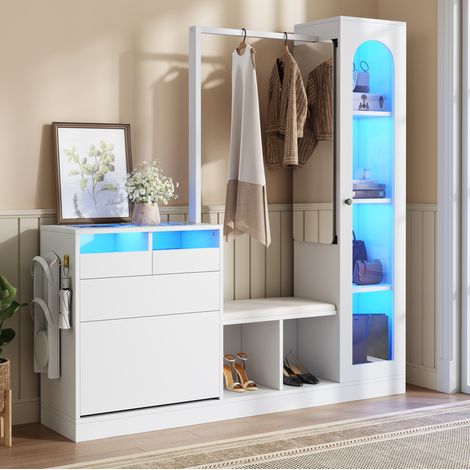 Mobile d'ingresso 6 in 1 con barra appendiabiti, panca porta scarpe, specchio e LED, bianco (1/5)
