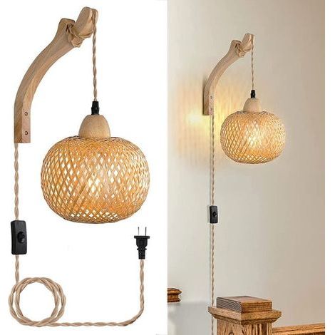 Lanterne en bambou à brancher sur appliques murales avec cordon enfichable, applique murale en rotin tissée à la main, applique murale rustique Boho (1/5)