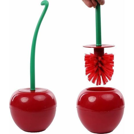 Scopino per WC con astuccio di design a forma di ciliegia: in plastica resistente, dai colori vivaci, pratico ed elegante per l'uso quotidiano in bagno.
