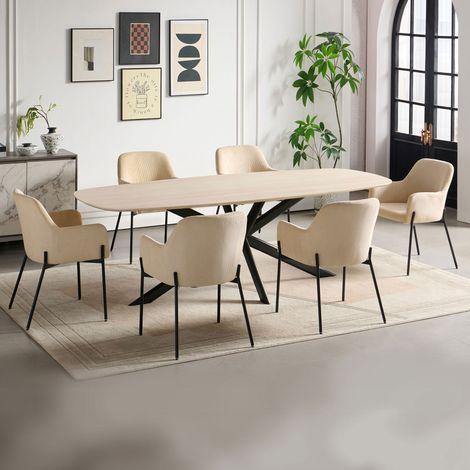 Ensemble table 200 cm effet travertin + 6 chaises velours côtelé beige