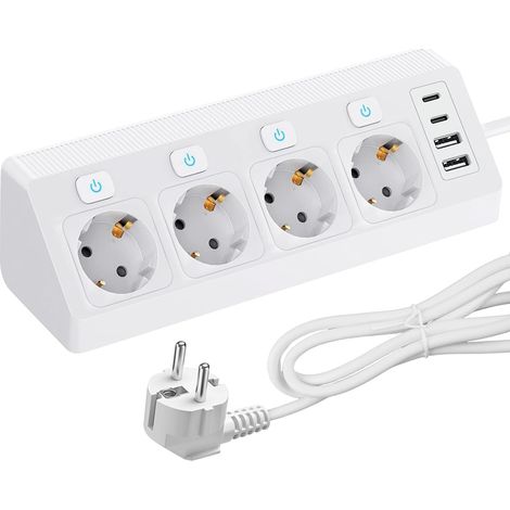 Prise d'angle avec 2 USB et 2 USB C : multiprise à 4 prises avec interrupteur, protection contre les surtensions 8 en 1 avec câble de 2 m, prise de bureau, prise de cuisine, multiprise murale, blanc (1/5)