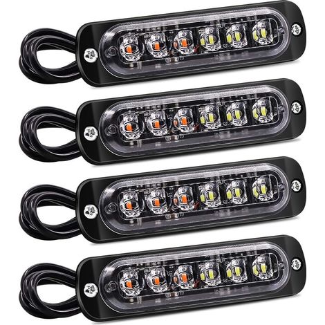 Lot de 4 lumières stroboscopiques 6 LED – Étanches orange et blanche – 18 modèles de clignotement – 12V 24V pour camion et voiture (1/5)