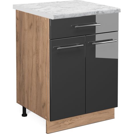 Mueble bajo de cocina Fame-Line, Antracita alto brillo, 60 cm con cajón, ET Mármol, Vicco
