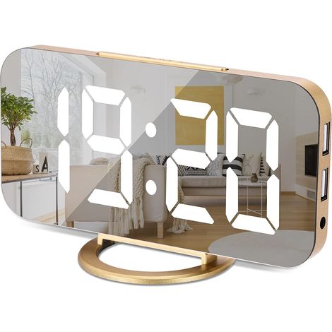 Horloge Numérique à grand écran,Réveil Electrique LED,Surface miroir pour maquillage avec mode d'intensité,3 niveaux de luminosité,Double ports USB,Décoration moderne pour la maison ou la chambre-Doré