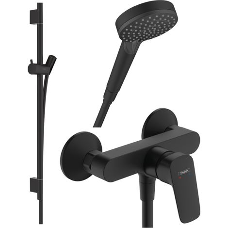 Pack mitigeur douche mécanique HANSGROHE Logis + Barre Unica S Puro + flexible + Pommeau Vernis Blend Vario noir mat