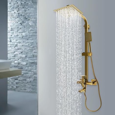 Système de douche à effet pluie, système de douche doré, poteau de douche avec pommeau de douche et pomme de douche à main, barre de douche réglable, 3 modes de sortie d'eau, buse de douche en (1/5)