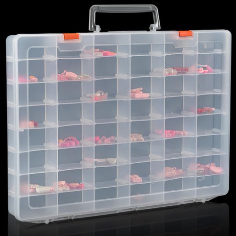 Caja de almacenamiento grande de plástico transparente con 48 compartimentos, con separadores y compartimentos ajustables para guardar materiales de arte de plástico, ideal para guardar piezas pequeña
