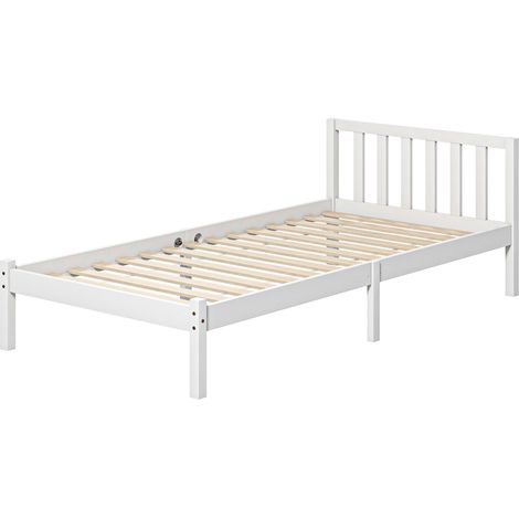 Estructura de cama de madera con somier de láminas, 208 x 96 cm, estructura de cama con cabecero, estructura de cama individual para dormitorio, color blanco (1/5)