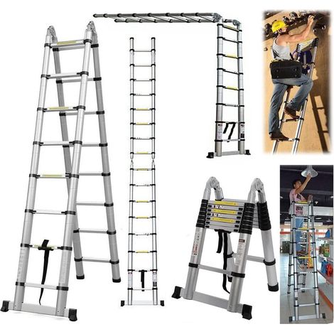 Échelle rétractable en acier inoxydable, échelle rétractable, échelle de grenier pliante, certification EN131, porteuse 150 kg, 5 mètres (2,5 mètres +2,5 mètres)