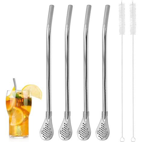 4 Stuks Rietjeslepelpels mit 2 Reinigingsborstels, Roestvrijstalen Zeeflepel/Rietjes/Theelepel für Tee, Kaffee, Saft, Milchshakes, Cocktails, Citroenthe (1/5)