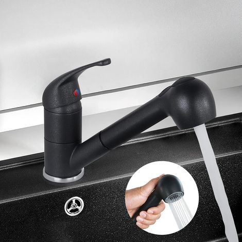 Robinet Cuisine avec Douchette Extractible, 2 Modes de Jet Pulvérisateur, Robinetterie Mitigeur Cuisine Bec Bas, Rotatif à 90°, Equipé de Flexible Eau Chaude et Froide, Cartouche en Céramique (1/4)