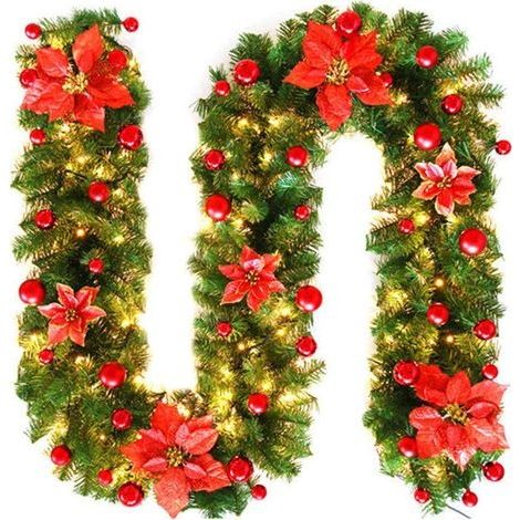 Décoration de guirlande de Noël avec des lumières, plantes de vigne artificielles en rotin de Noël avec des fleurs et des ornements de boule, décoration de manteau de cheminée d'intérieur et d' (1/5)