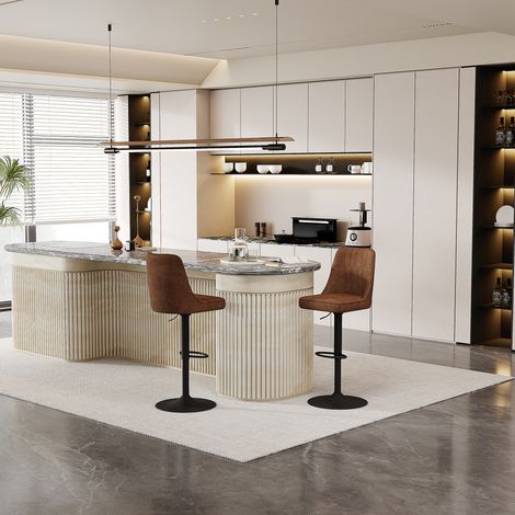 CAIziTabouret de bar réglable en hauteur, lot de 2, pivotant à 360°, assise et dossier en tissu technique respirant marron, pieds en métal noir. Convient pour îlots de cuisine et comptoirs de bar.