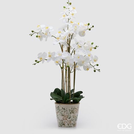 EDG Enzo De Gasperi Orchidea Phalaenopsis x8 con Bocciolo e Vaso Pianta Artificiale H 90 Cm Bianco