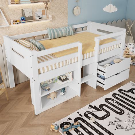 Stylish White Pine Wood Children's Storage Bed with Safety Guardrail & Dual Drawers - 90x190cm