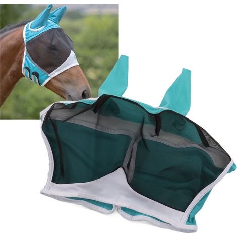 Masque Anti-Mouches pour Cheval Respirant avec Oreilles, Protection UV et Élastique Détachable Bleu Vert S (1/5)