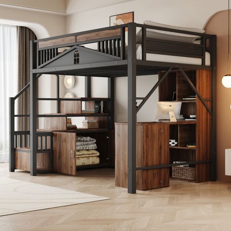 Cama alta 140x200 cm negra de metal y madera - escaleras con almacenaje (1/5)